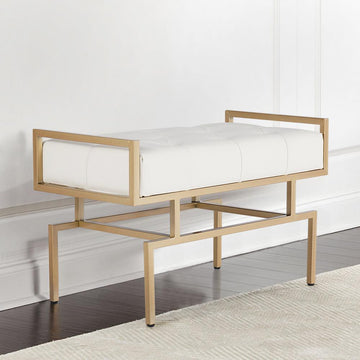 31.5'' Modern White Faux Leather Upholstered Bench with Gold Metal Legs